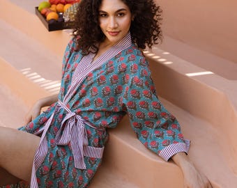 Cotton Kimono Robe, Block Print Floral Robe With Pockets, Calf Length Robe, Bridesmaids Robe, Christmas Robe, Morning Dressing Gown