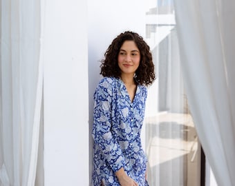 Block Print Cotton Nightshirt, Women's Cotton Nightshirt, Floral Print Sleepwear, Bridesmaid Nightshirt, Women's Nightie, Boyfriend Shirt