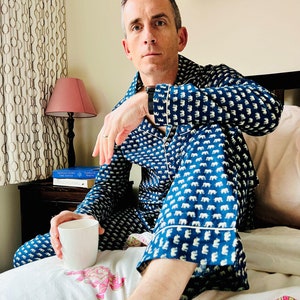 Elephant Print Mens Pajama Set: Soft Indian Cotton Loungewear