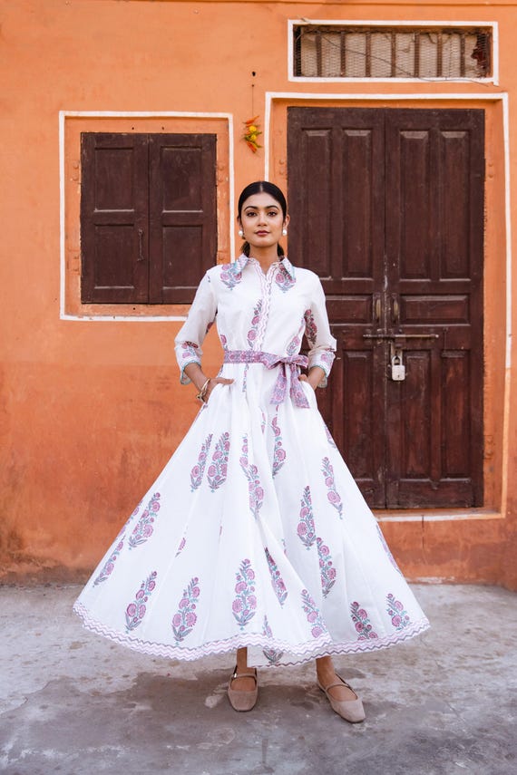 Block Print Dress, Indian Cotton Dress, Summer White Dress, Wedding Guest Dress, Shirt Dress, Summer Dress, White Cotton Dress, With Pockets