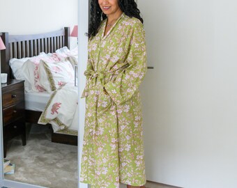 Cotton Kimono Robe Dressing Gown, Block Print Bridesmaid Robe, Summer Nightwear, Beach Cover-up, Mother’s Day Gift, Plus Size Robe