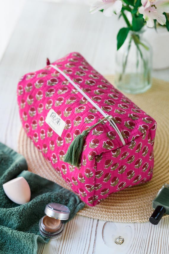 Cotton Quilted Wash Bag | Waterproof Wash Bag | Block Printed Travel Bag | Makeup Bag | Toiletry Bag | Cosmetic bag | Christmas Gift for Her