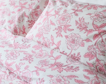 Floral Block Print Cotton Duvet Cover Set , Handmade Bedding, Cotton Duvet Set, Pink Duvet Cover Set, Indian Duvet, Indian Comforter Quilt