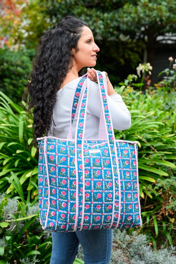 Tote Bag | Block Printed Cotton Tote Bag | Zipped Travel Bag | Overnight Bag | Shoulder Bag | Floral Bag | Summer Tote Bag | Beach Bag