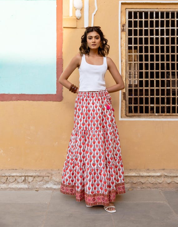 Block Print Maxi Skirt, Floral Cotton Skirt, Boho Maxi Skirt, Tiered Maxi Skirt, Festival Skirt, Indian Cotton Skirt, Skirt with Pockets