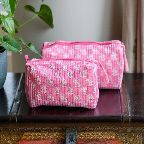 Quilted Cotton Toiletry bag,  Washbag, Make-up Bag, Handmade in India, Gift for Her, Mother's Day Gift, Teacher's Gift, Bridesmaid Gift