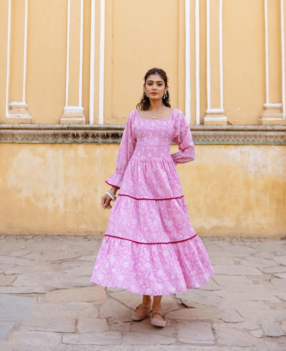 Block Print Cotton Midi Dress: Smocked Cotton Dress, Pink Floral Long Sleeve Dress, Summer Dress