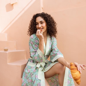 Indian Cotton Kimono Robe, Block Print Floral Robe With Pockets, Calf Length Dressing Gown, Lightweight Kimono Robe for Women,Plus Size Robe