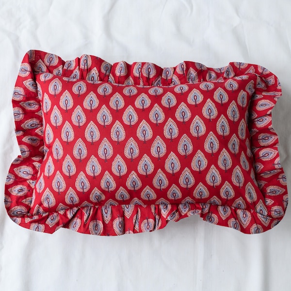 Indian Block Print Cotton Frill Cushion Cover, Cuscino Ruffle, Coperture per cuscini fatti a mano, Cuscini floreali, Fodere per cuscini Rectangle Boho