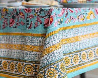 Tablecloth, Block Print Tablecloth, Floral Pattern, Christmas Tablecloth, Indian Hand Printed Table Cover, Rectangle tablecloth