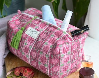 Cotton Quilted Wash Bag | Waterproof WashBag | Block Printed Travel Bag | Makeup Bag | Toiletry Bag | Cosmetic bag | Self-Care Gift for Her