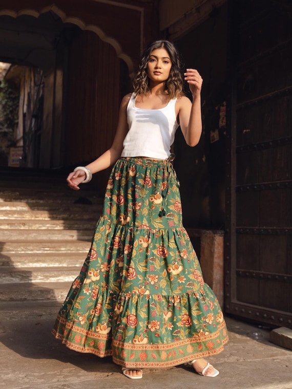 Block Print Maxi Skirt, Floral Cotton Skirt, Boho Maxi Skirt, Tiered Maxi Skirt, Festival Skirt, Indian Cotton Skirt, Skirt with Pockets