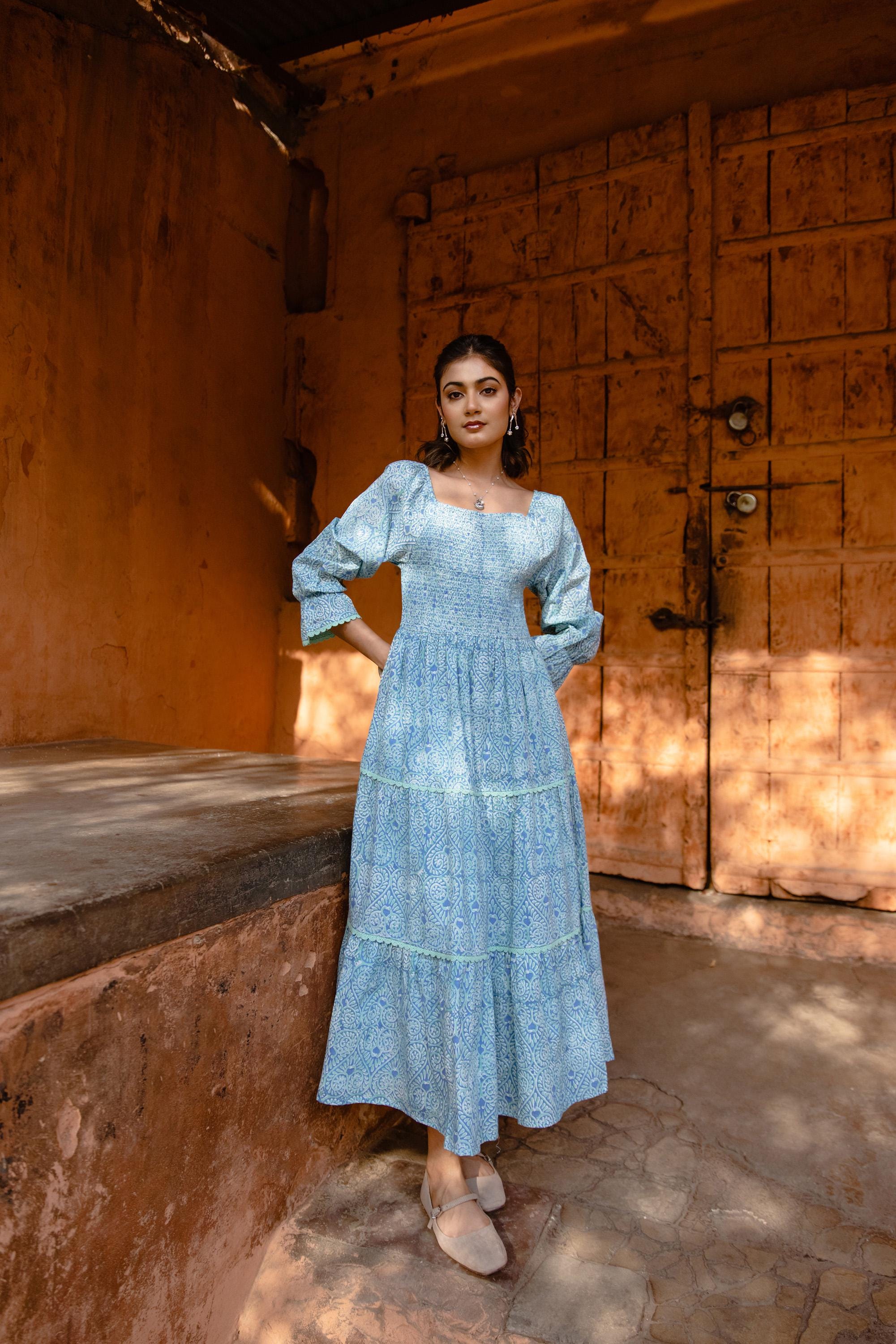 Floral Dress Blue Daisy Print Dress Block Print Cotton Midi Dress: Smocked  Cotton Dress, Blue Floral Long Sleeve Dress