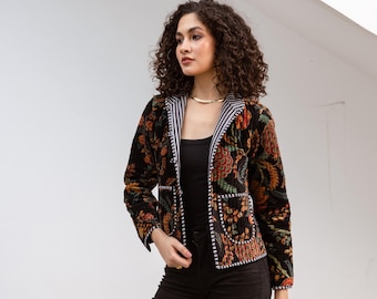 Luxury Velvet Jacket, Boho Floral Print Jacket, Women's Velvet Short Jacket, Autumn Winter Fall Winter Jacket, Luxury Christmas Gift