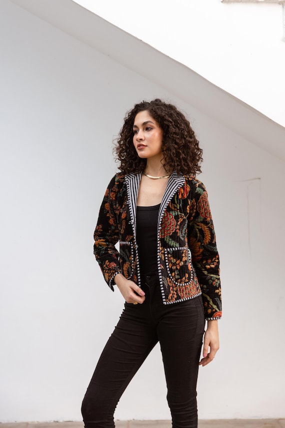 Luxury Velvet Jacket, Boho Floral Print Jacket, Women's Velvet Short Jacket, Autumn Winter Fall Winter Jacket, Luxury Christmas Gift