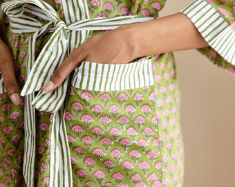 Cotton Kimono Robe, Block Print Floral Robe With Pockets, Calf Length Robe, Bridesmaids Robe, Mother's Day Gift, Morning Dressing Gown