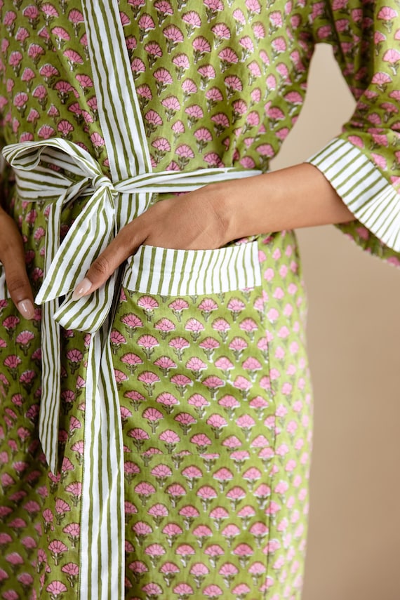 Cotton Kimono Robe, Block Print Floral Robe With Pockets, Calf Length Robe, Bridesmaids Robe, Mother's Day Gift, Morning Dressing Gown
