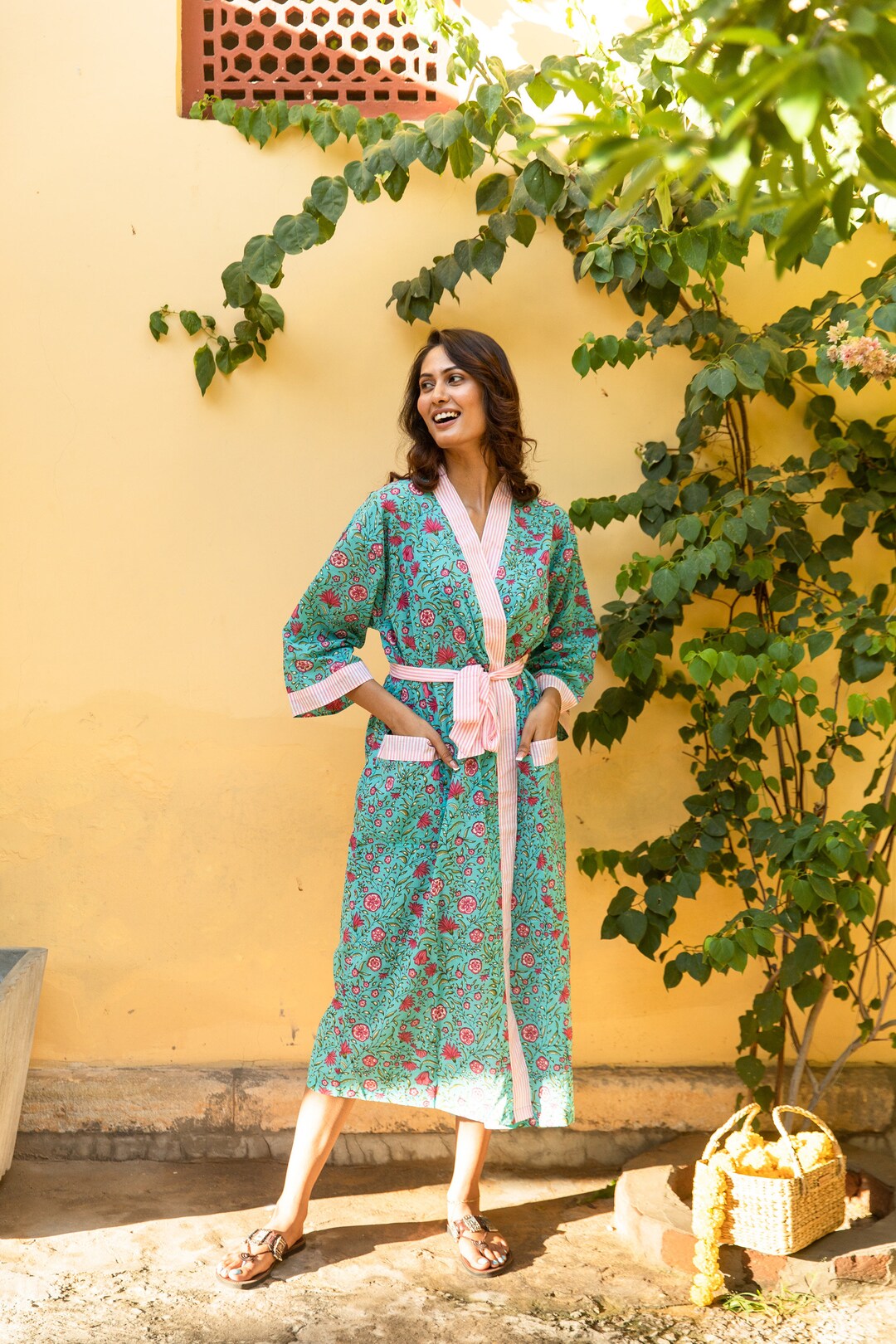 Cotton Kimono Robe Dressing Gown, Block Print Bridesmaid Robe, Cotton
