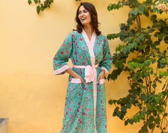 Cotton Kimono Robe Dressing Gown, Block Print Bridesmaid Robe, Cotton Nightwear, Ladies Dressing Gown, Lightweight Robe, Mother's Day Gift