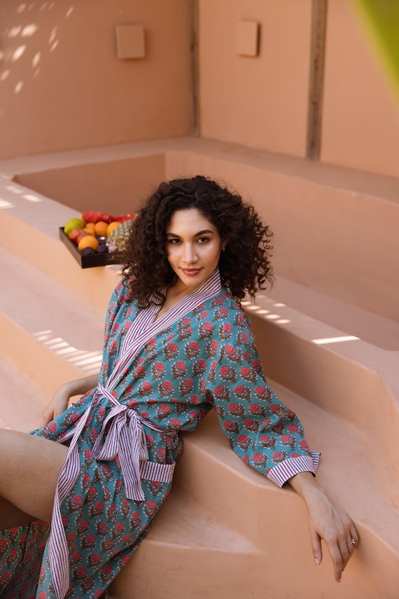 Cotton Kimono Robe, Block Print Floral Robe With Pockets, Calf Length Robe, Bridesmaids Robe, Christmas Robe, Morning Dressing Gown