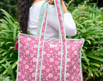 Tote Bag | Block Printed Cotton Tote Bag | Zipped Travel Bag | Overnight Bag | Shoulder Bag | Floral Bag | Christmas Gift for Her, Teacher