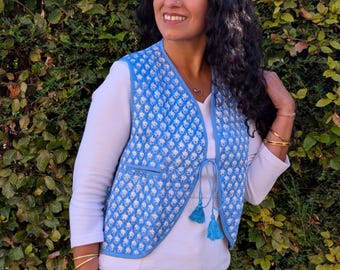 Handmade Cotton Quilted Vest: Reversible Bohemian Block Print Sleeveless Jacket, Winter Layering Gilet