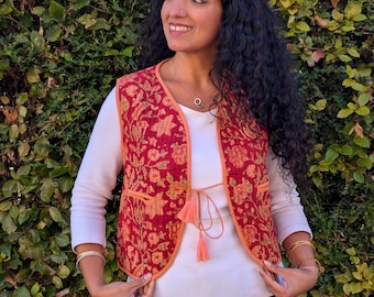Handmade Cotton Quilted Vest: Reversible Bohemian Block Print Sleeveless Jacket, Winter Layering Gilet