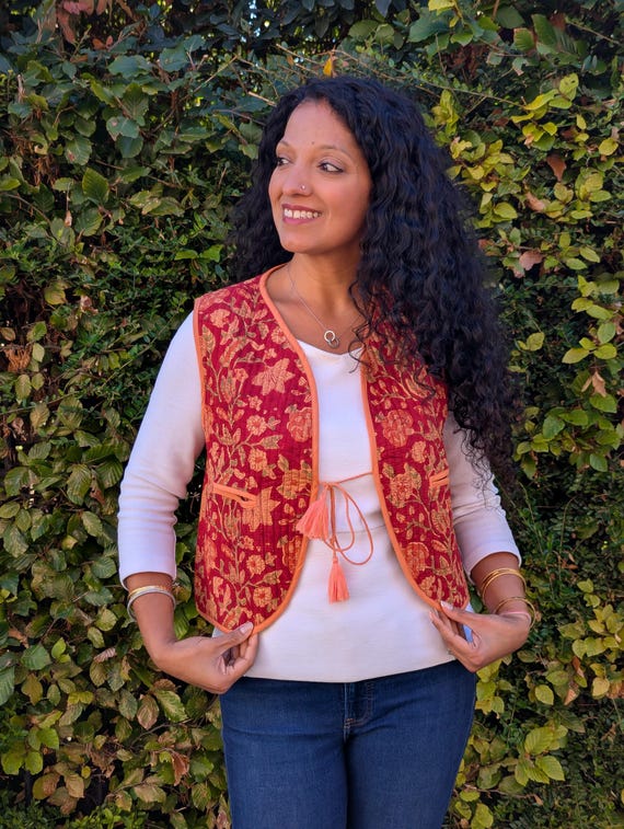 Handmade Cotton Quilted Vest: Reversible Bohemian Block Print Sleeveless Jacket, Winter Layering Gilet