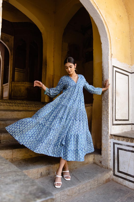 Blue Floral Summer Dress, Boho Maxi Dress, Block Print Dress, Floaty Dress, Summer Midi Dress, Women Summer Dress, Indian Cotton Dress