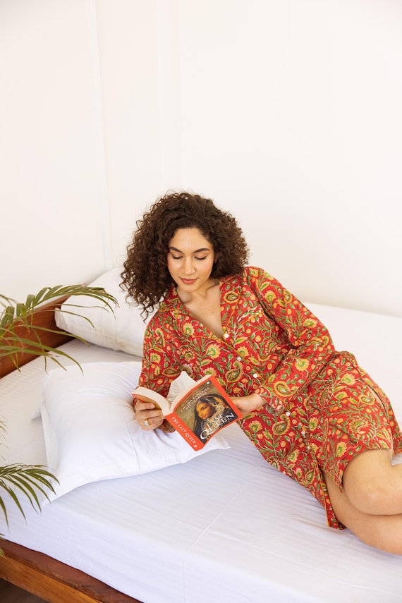 Indian Block Print Night Shirt, Womens Cotton Night Shirt, Cozy Sleepwear, Feminine Loungewear, Breathable Shirt, Night Dress, Nightshirt