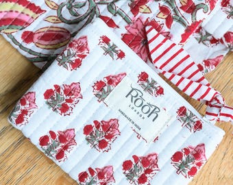 Handmade Quilted Cotton Pouch: Block Printed Cosmetic Bag | Flat Pouch Set | Toiletry Bag | Jewellery Pouch | Bridesmaid Gift