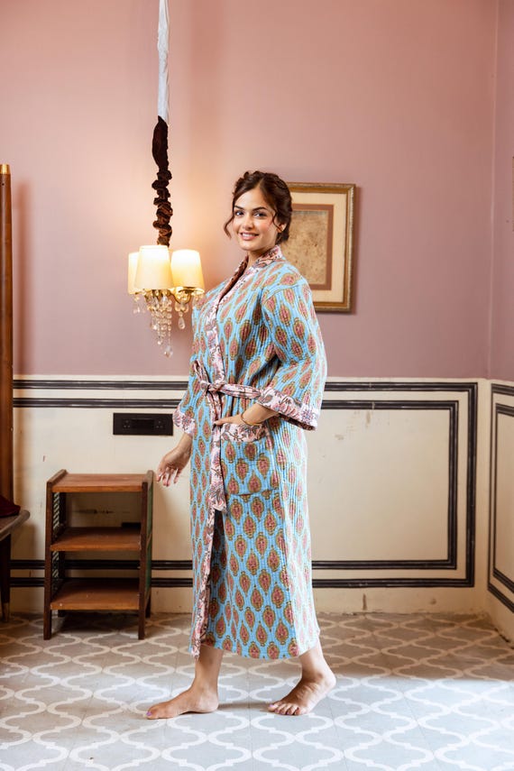 Vestaglia in cotone trapuntato con stampa a mano, vestaglia calda