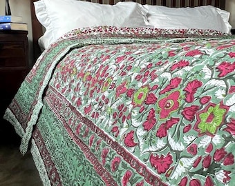 Red & Green Floral Handmade Block Printed Reversible Cotton Quilted Bedspread, Jaipuri Razai, Soft Cozy Lightweight Bedcover Quilt