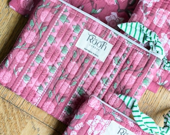 Handmade Quilted Cotton Pouch: Block Printed Cosmetic Bag | Flat Pouch Set | Toiletry Bag | Jewellery Pouch | Bridesmaid Gift