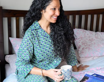 Cotton Pyjamas for Women, Long Cotton Pyjamas, Block Print Sleepwear, Floral PJ Set, Bridesmaid PJ Set, Christmas Pajamas, Gift for Her