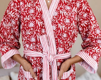 Luxury Quilted Robe, Winter Kimono Dressing Gown, Warm Loungewear, Self-Care Gift, Cotton Robe, Gift for Mum, Block Print Robe