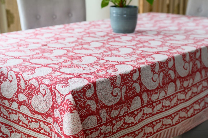 Tablecloth, Block Print Tablecloth, Floral Pattern, Christmas Tablecloth, Indian Hand Printed Rectangle Table Cover, Gift for Home image 1