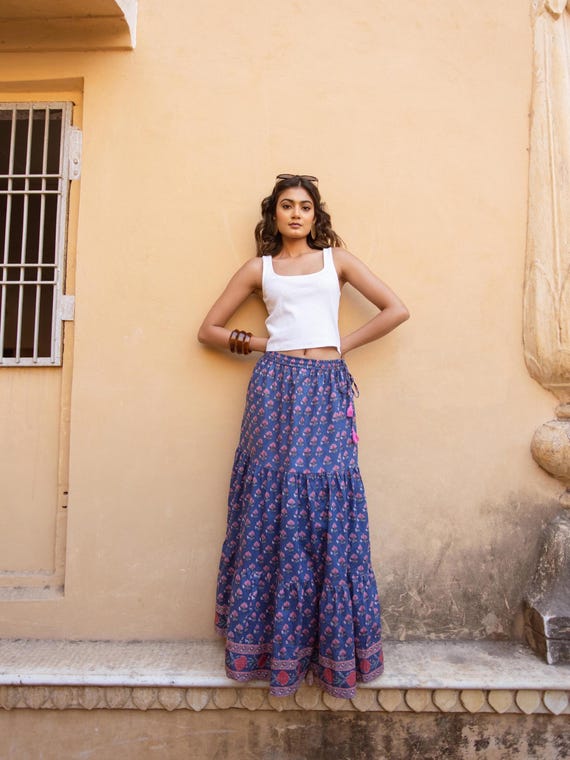 Block Print Maxi Skirt, Floral Cotton Skirt, Boho Maxi Skirt, Tiered Maxi Skirt, Festival Skirt, Indian Cotton Skirt, Skirt with Pockets