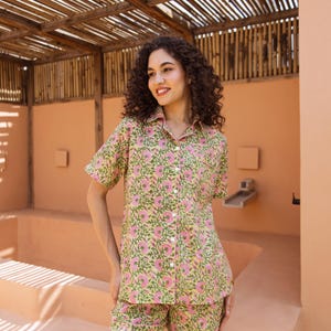 Floral Cotton Short Pajama Set: Hand Block Printed Womens PJs