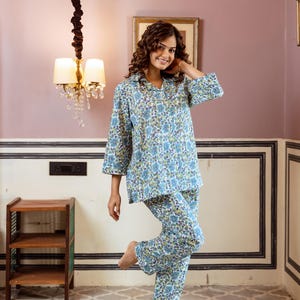 Cotton Pajama Set: Women&#39;s Loungewear, Blue Floral Pyjamas, Long Pyjama Trousers, Winter Pajamas