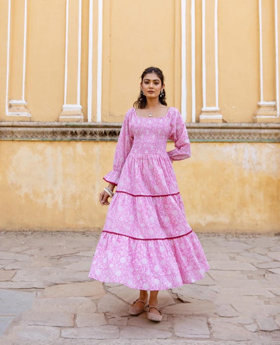 Block Print Cotton Dress, Tiered Midi Dress, Pink Cotton Dress, Summer Dress, Smocked Bodice Dress, Dress with Pockets, Indian Cotton Dress