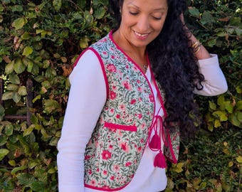 Handmade Cotton Quilted Vest: Reversible Bohemian Block Print Sleeveless Jacket, Winter Layering Gilet