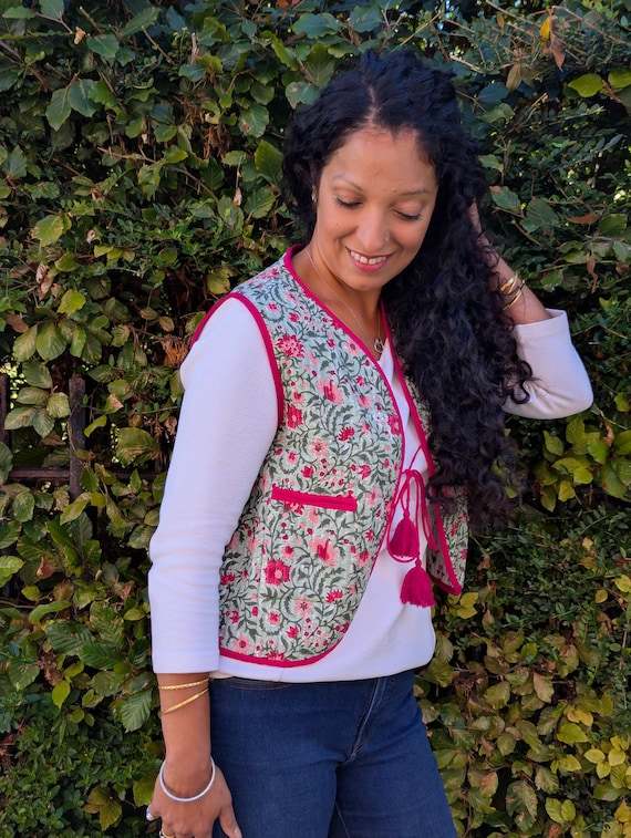 Handmade Cotton Quilted Vest: Reversible Bohemian Block Print Sleeveless Jacket, Winter Layering Gilet
