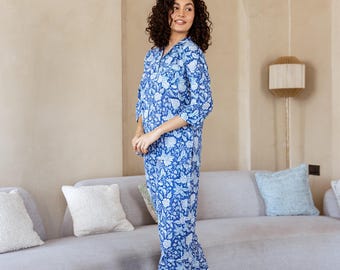 Cotton Pyjamas for Women, Long Cotton Pyjamas, Block Print Sleepwear, Floral PJ Set, Bridesmaid PJ Set, Christmas Pajamas, Gift for Her