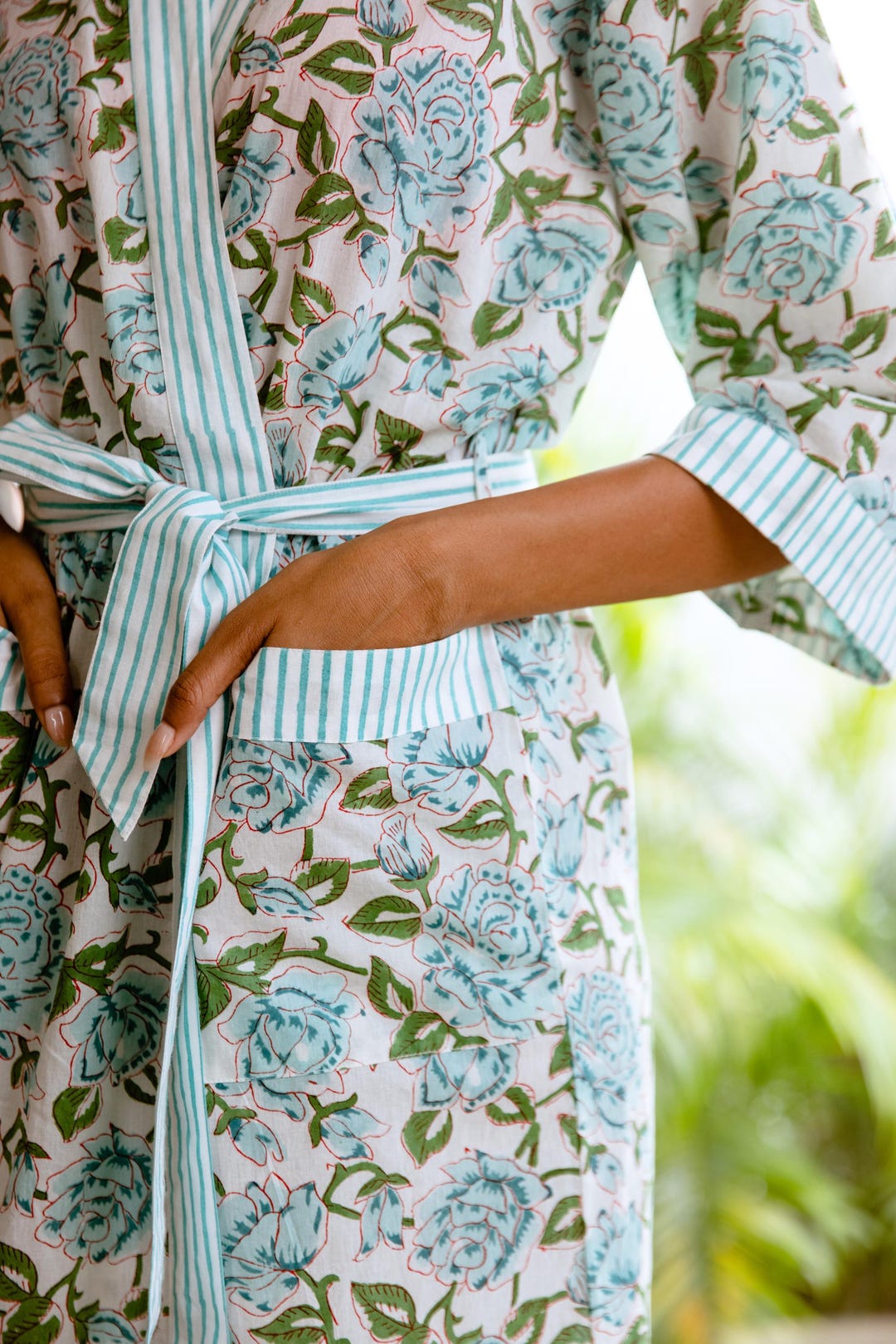 Cotton Kimono Robe, Block Print Floral Robe With Pockets, Calf Length ...