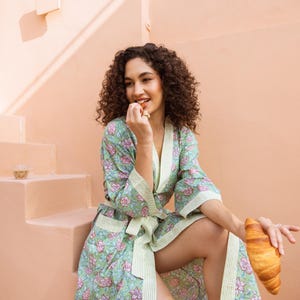 Cotton Kimono Robe, Floral Robe With Pockets, Block Print Robe For Women, Lightweight Kimono, Long Cotton Bath Robe, Cotton Dressing Gown