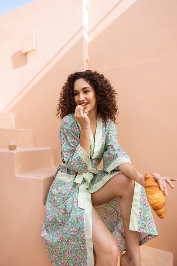 Cotton Kimono Robe, Floral Robe With Pockets, Block Print Robe For Women, Lightweight Kimono, Long Cotton Bath Robe, Cotton Dressing Gown