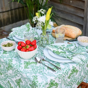 Floral Block Print Tablecloth, Indian Green Floral Tablecloth, Dining Table Cover, Cotton Table Cover, Botanical Tablecloth