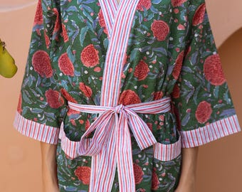 Cotton Kimono Robe with Pockets, Indian Block Print Robe, Floral Bridesmaid Robe for Women, New Mum Hospital Gown, Bridesmaids robe