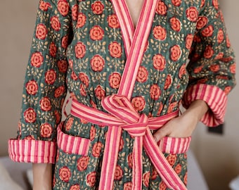 Luxury Quilted Robe, Winter Kimono Dressing Gown, Warm Loungewear, Christmas Dressing Gown, Cotton Robe, Gift for Mum, Block Print Robe